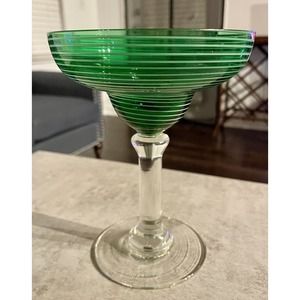(1) Vintage Emerald Green Glass with White Striped Margarita Glass